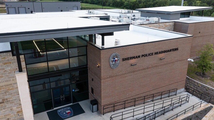 Drone shot of the front entrance to the Sherman Police Department in Sherman, TX.