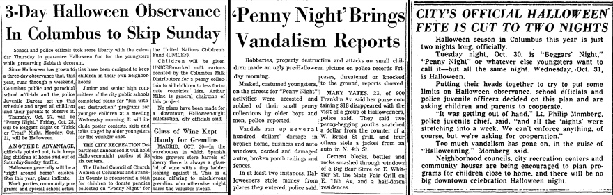 Newspaper headlines from 1955 and 1956 read 3-day Halloween Observance to Skip Sunday, Penny Night Brings Vandalism Reports, City's Halloween Fete Cut to Two Nights