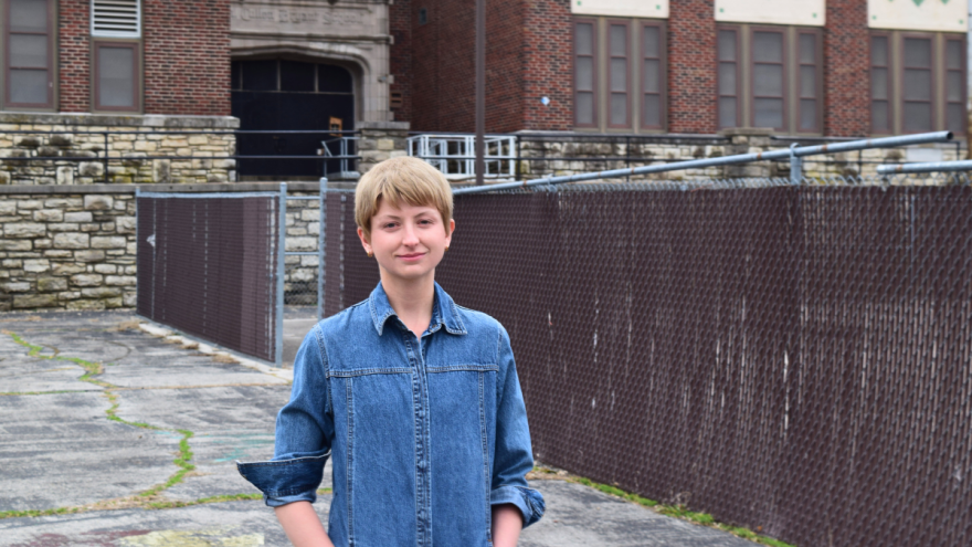 Carter Taylor, an elementary teacher with Kansas City Public Schools and legislative chair of the American Federation of Teachers Local 691, stands outside the vacant Bryant School in Brookside.
