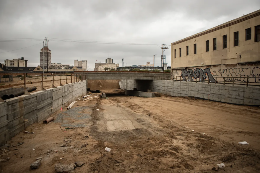 A torn up underpass in downtown Fresno, where construction work is underway for the high-speed rail project.