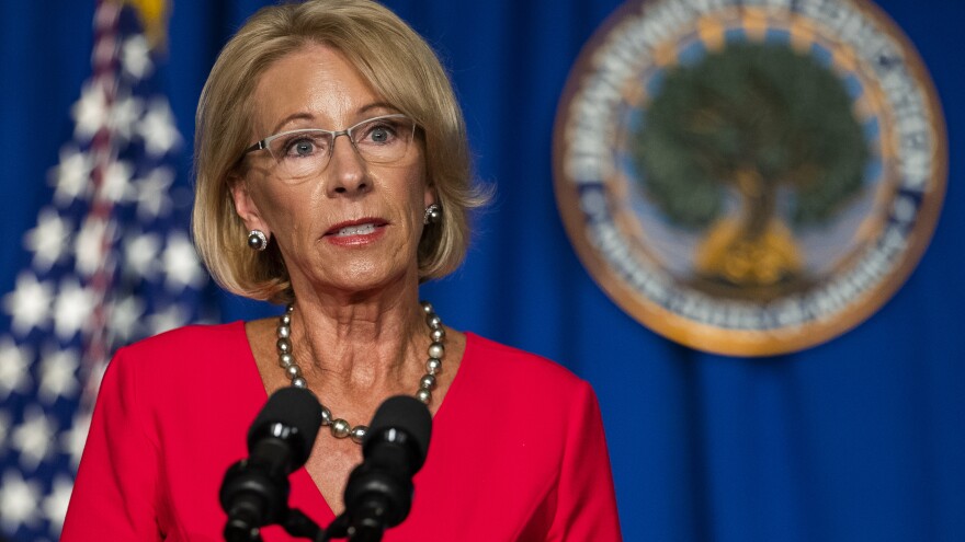 U.S. Education Secretary Betsy DeVos speaks during a White House Coronavirus Task Force briefing on Wednesday.