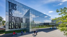 glass building with letters