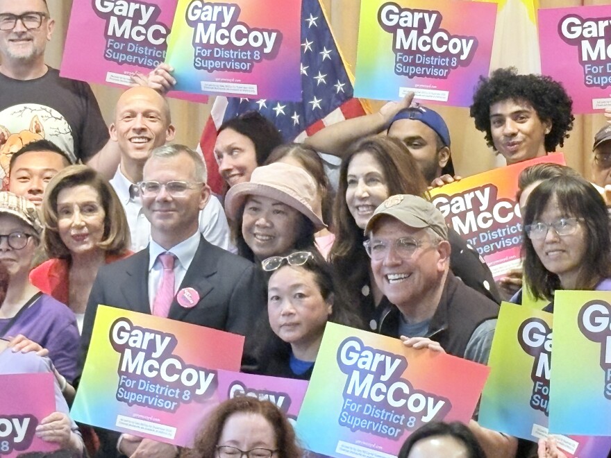 Candidate Gary McCoy stands next to supporters, including Nancy Pelosi, Connie Chan, and Matt Dorsey