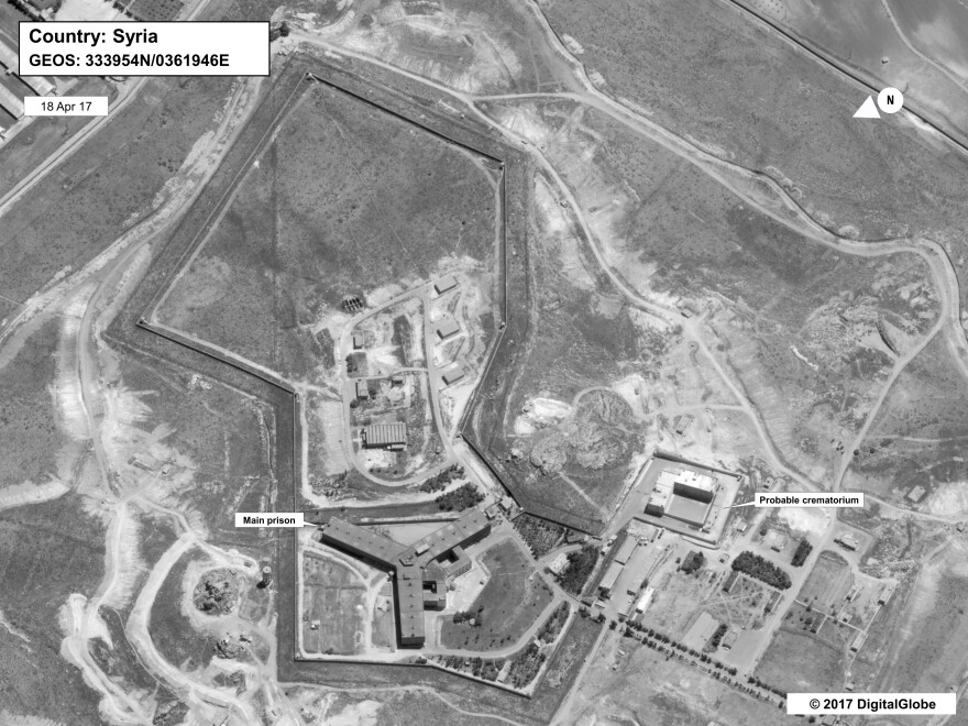 This satellite photograph taken on April 18 depicts what the State Department describes as a crematorium — in the bottom right of the image — built to dispose of the bodies of victims at Saydnaya military prison outside Damascus, Syria.