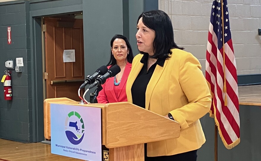 Stockbridge-Munsee Band of Mohicans President Shannon Holsey (left) and Massachusetts Lt. Gov. Kim Driscoll in Stockbridge, Mass.,  on Aug. 30, 2023. Driscoll announced $31.5 million dollars in grants to cities, towns and tribes to address climate resilience. 