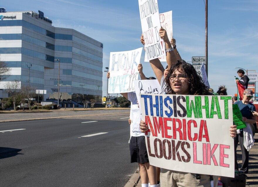 Layla Hayes leads La Vega High School students and community members in chants against ICE during a student-planned protest on Saturday, February 7. Hayes, a senior at La Vega Early College High School, helped organize the protest in response to increased immigration enforcement across the country.