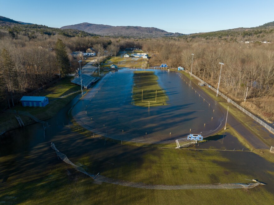 A flooded football field in Rumford, Maine on Dec. 20, 2023