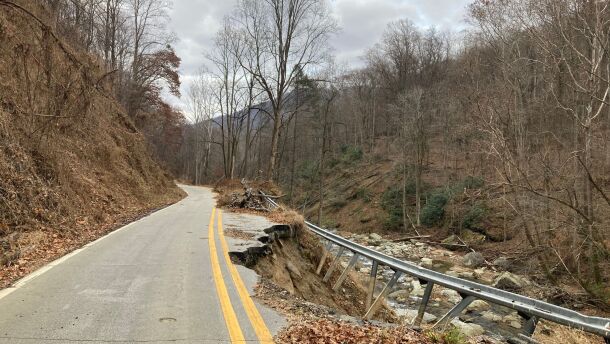 A damaged stretch of U.S. 176 in Polk County as seen on Tuesday, December 9, 2025.