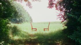 a still image of ratboys album cover singin in an empty chair which is two chairs in a field 