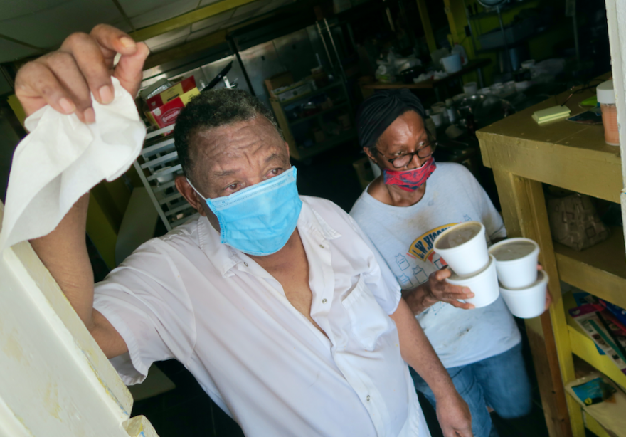 Cedric and Carolyn Singleton cooked free meals for the community at their restaurant the Real Pie Man after Hurricane Ida knocked out power.