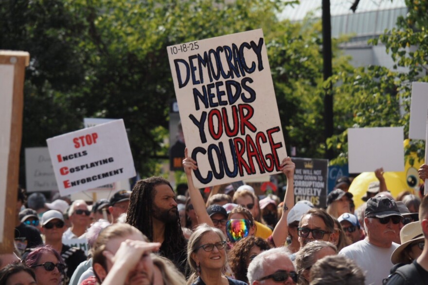 Thousands of Hoosiers protest at a No Kings rally outside the Indiana Statehouse on Saturday, Oct. 18, 2025.