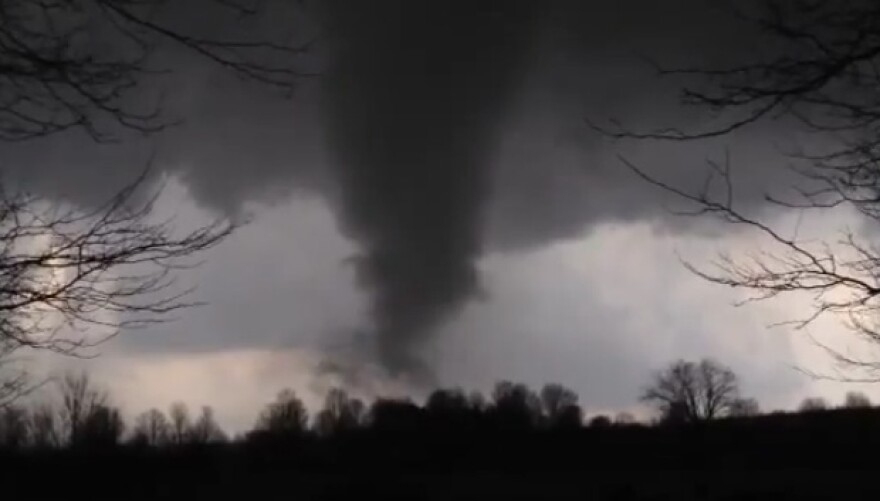 An F3 tornado strikes Dexter. This is a screenshot from footage taken at Hudson Mills Metropark.