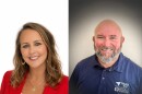 A woman in a red blazer and man in a blue polo pose for professional photos