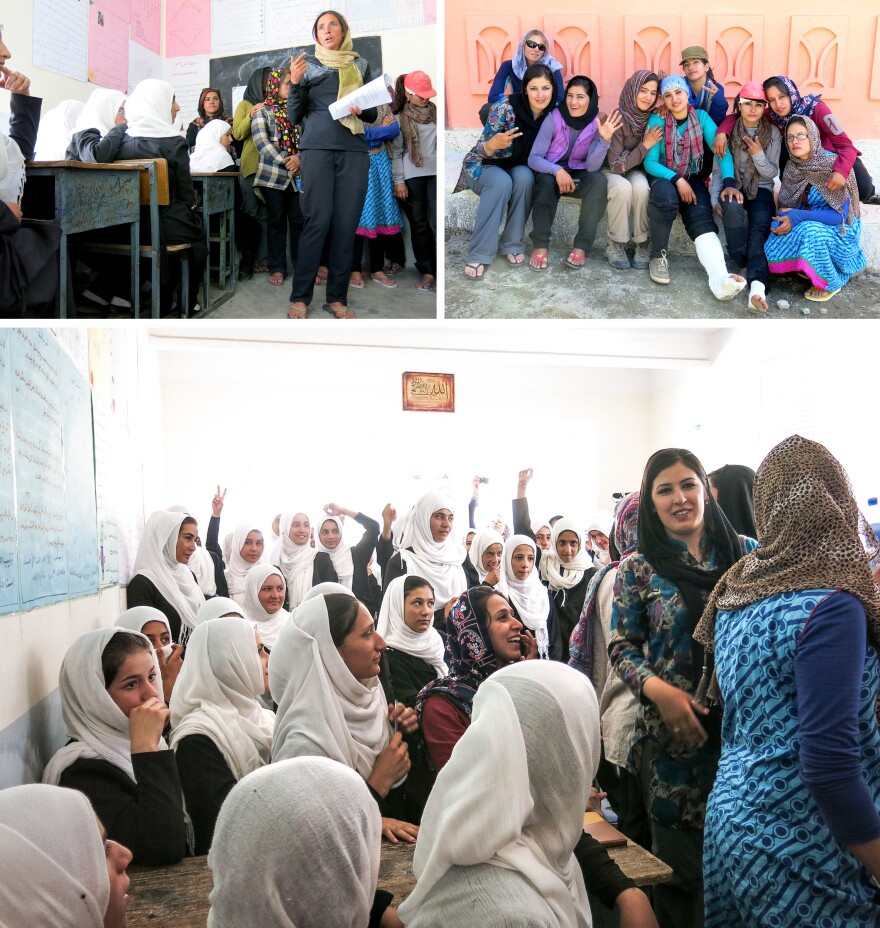At top left, expedition leader Danika Gilbert speaks to Panjshiri schoolgirls about the climb. At top right, American guide Emilie Drinkwater poses with climbers. At bottom, Afghan schoolgirls ask questions of the mountain climbing team after a presentation.