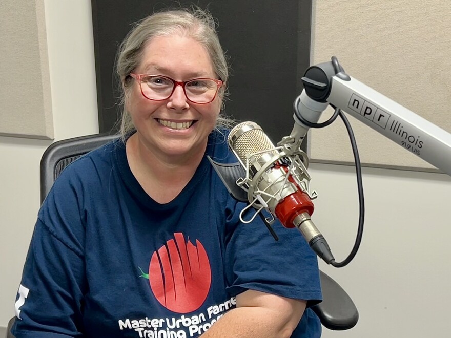Carey Smith at the mic in NPR Illinois Studio F.