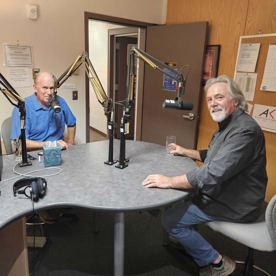 Former Gov. Bill Walker, left, and running mate Randy Hoffbeck sit for an interview at the Alaska Public Media studios in Anchorage.