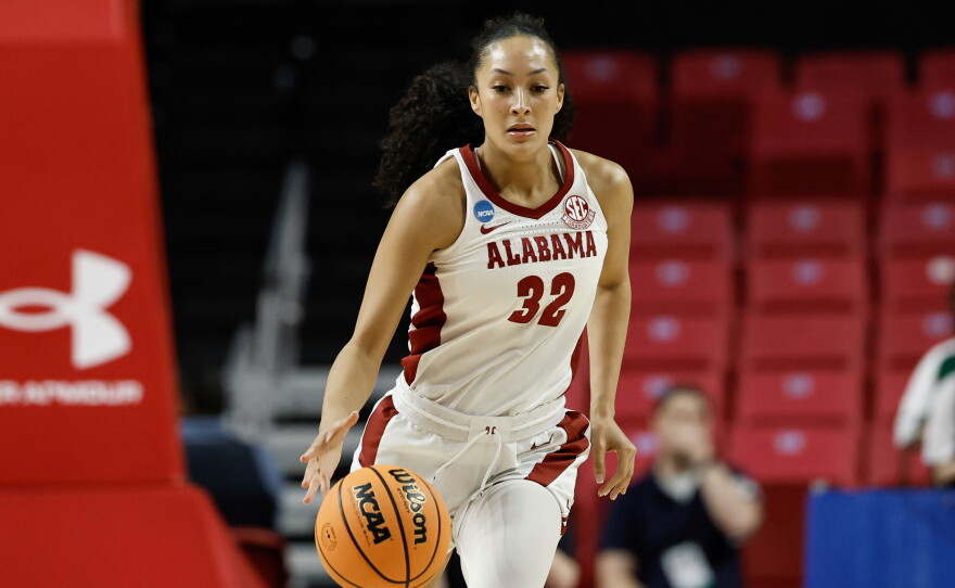 FILE - Alabama guard Aaliyah Nye brings the ball up court during the first half in the first round of the NCAA college basketball tournament against Green Bay in College Park, Md., March 22, 2025. (AP Photo/Terrance Williams, File)