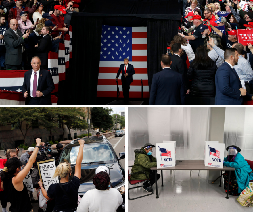 Clockwise from top: President Donald Trump arrives at a rally in Toledo in January; early voters fill out their ballots in October in Cleveland; protestors block a car with Larry Householder inside in July.