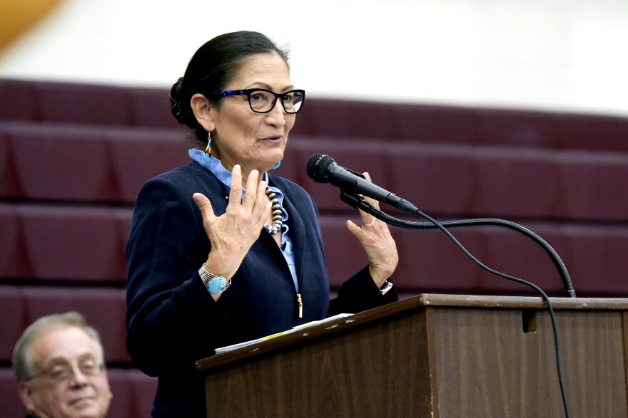 Secretary of the Interior Deb Haaland speaks inside the Salish Kootenai College's basketball gym for the Confederated Salish and Kootenai Tribes celebration of the Bison Range restoration, May 21, 2022.