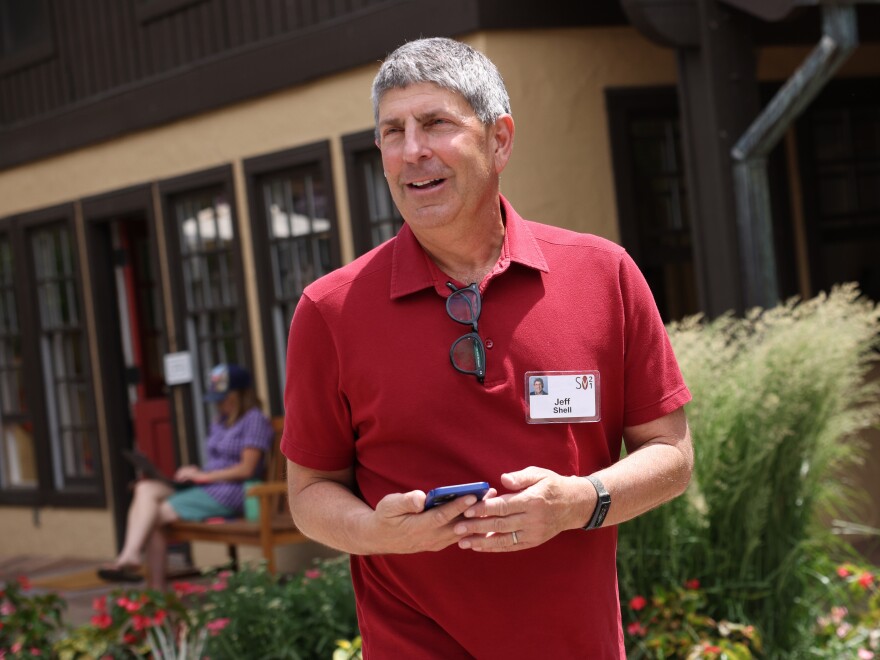 NBCUniversal CEO Jeff Shell speaks to the media at the Allen & Company Sun Valley Conference in July 2021 in Sun Valley, Idaho. Shell is out of his job after an "inappropriate relationship."