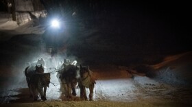 Yukon Quest frontrunner Josi Shelley and her team charge up a hill to the checkpoint at the Rampart School on Feb. 13, 2026. (Shelby Herbert/KUAC)