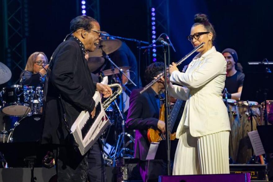 Herbie Hancock and Elena Pinderhughes perform "Chameleon" at the International Jazz Day 2025 All-Star Global Concert at Abu Dhabi, U.A.E.'s Etihad Arena.