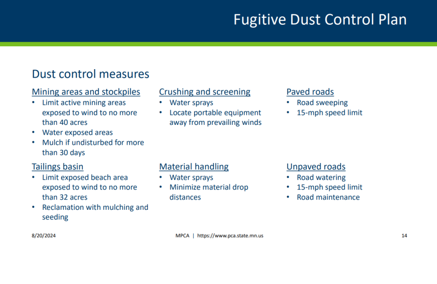 A slide from the Minnesota Pollution Control Agency's presentation in Coleraine on Aug. 19, 2024, details the dust control measures required in MagIron's proposed air permit.