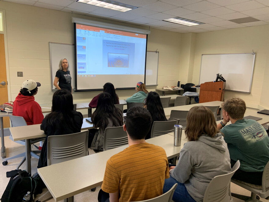 Animal rights advocate Jo Anna Kloster speaking to students at Craven Community College.