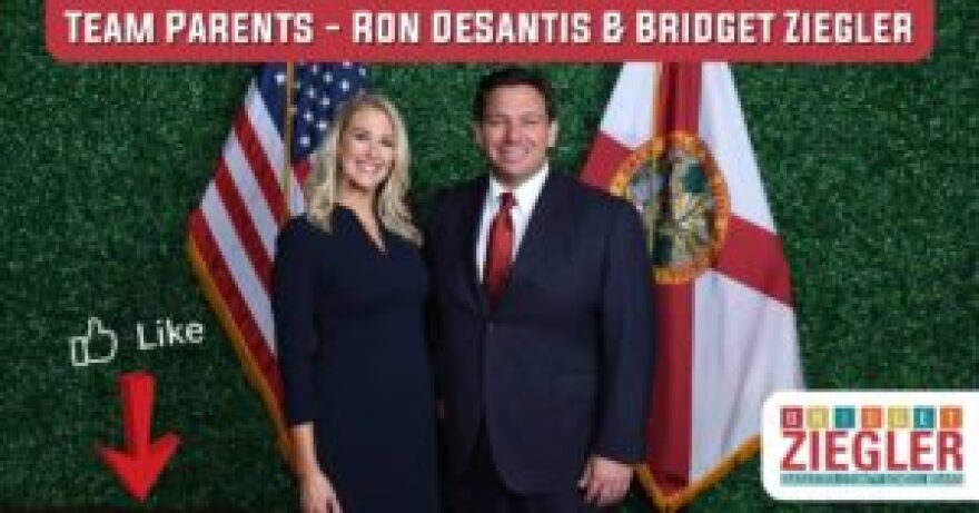 Bridget Ziegler and Ron DeSantis smiling into the camera in a screenshot for an ad