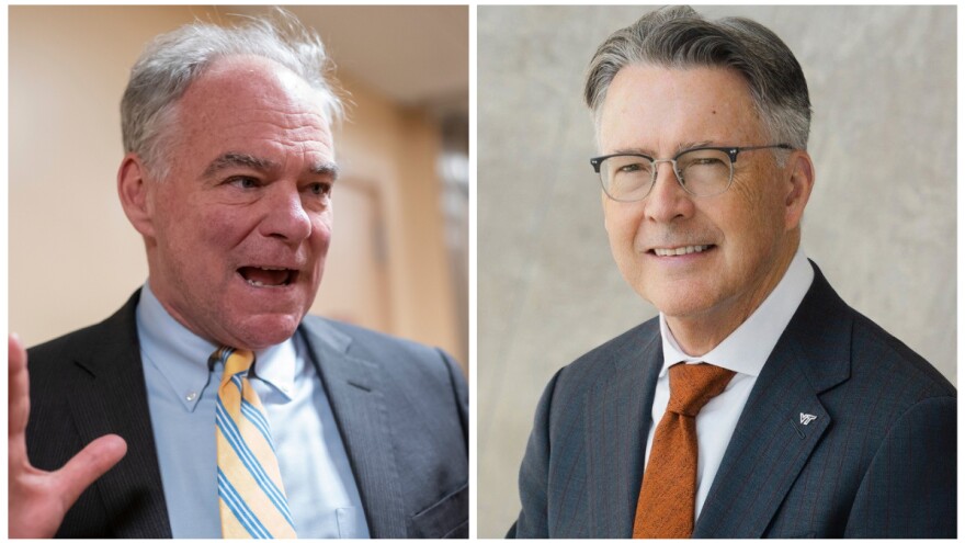 Senator Tim Kaine and Virginia Tech president Timothy Sands.
