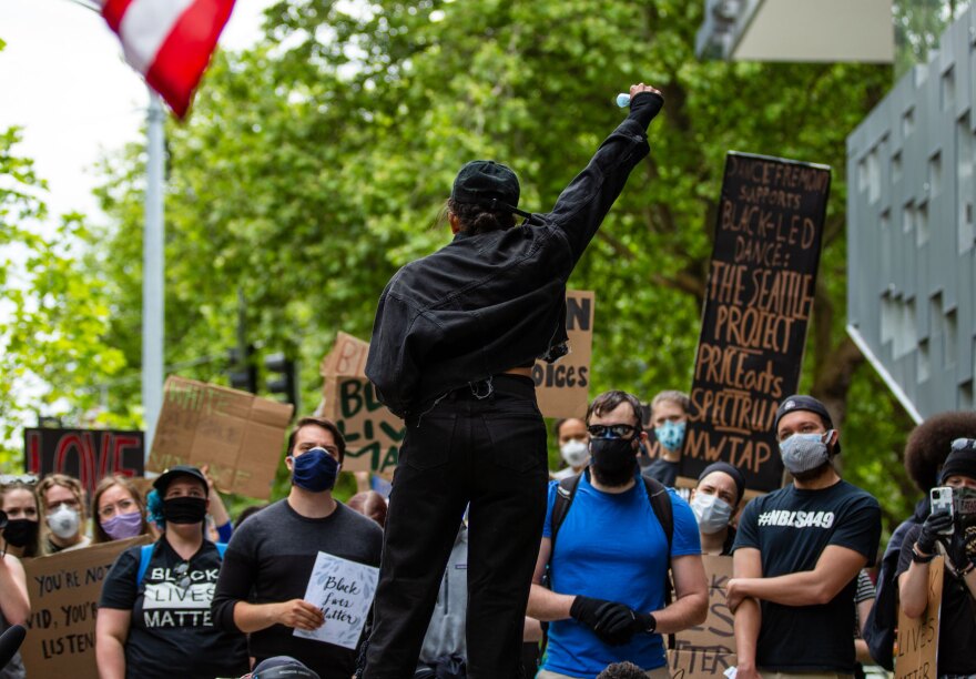 The Seattle arts community gathered Tuesday for a peaceful march protesting police brutality and systemic racism, after the killing of George Floyd in Minneapolis.