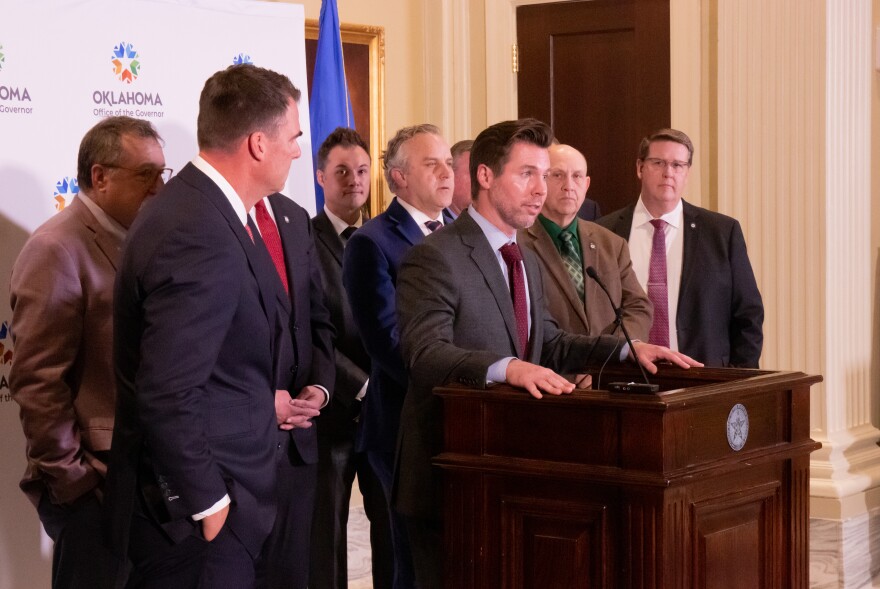 Edmond Senator Adam Pugh explains new education measures at a May 2023 press conference unveiling the final education budget agreement. Pugh shepherded much of the Senate's education priorities.