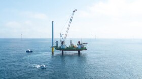 A specialized "jack up" barge at the Vineyard Wind offshore wind site is used to build a turbine.
