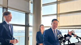 (L to R) New Haven Mayor Justin Elicker, DEEP Commissioner Katie Dykes, and State Attorney General William Tong announce a $2 million settlement with Pike Fuels, formerly Gulf Oil, to resolve allegations of falsified records at a petroleum distribution facility near the Canal Dock Boathouse in New Haven, Conn. "This isn't just about environmental law. It's not about regulations. It's about keeping people safe," Tong said at a press conference on Nov. 19, 2024.