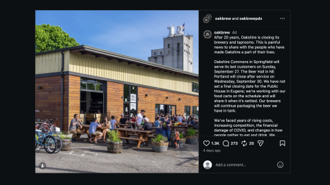 Oakshire Brewing Company announced its pending closure on social media.