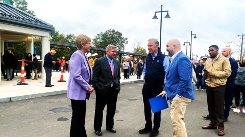 From the left to right. It is State Rep. Tami Zawistowski, State Sen. John Kissel, State Rep. Jane Garibay, Gov. Ned Lamont, and Ct Department of Transportation Commissioner Garrett Eucalitto talking before the train station opening ceremony in Windsor Locks October 13, 2026.