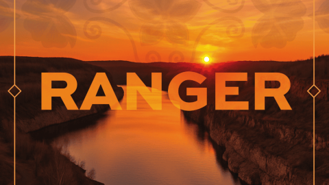 An album cover that reads Ranger in big letters across the middle, with By Rangers in smaller type at the bottom. The worlds are on top of a photo of a small waterway at sunset, with an Ojibwe woodland floral design overlaid on the sky.