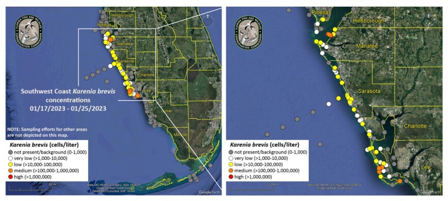Map of red tide reported this week