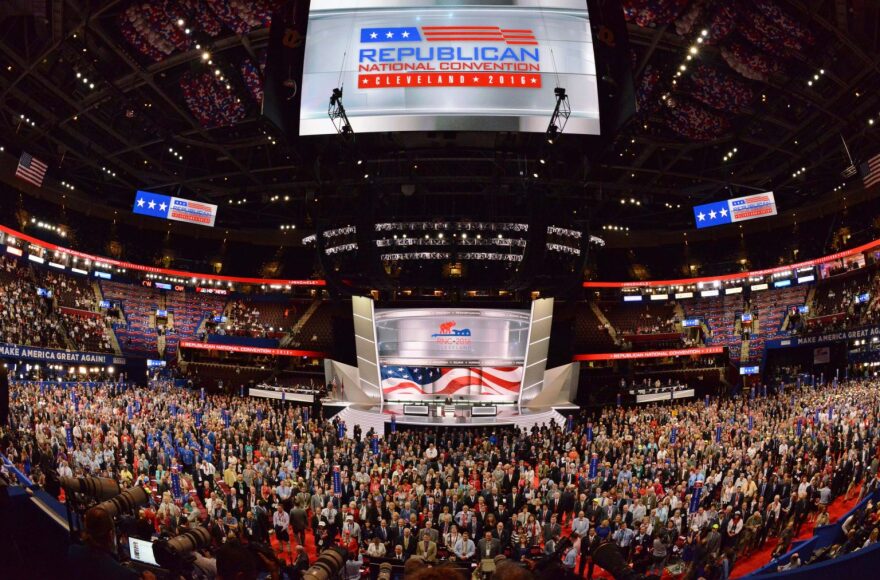 ABC NEWS - 7/18/16 - Coverage of the 2016 Republican National Convention from the Convention Center in Cleveland, Ohio, which airs on all ABC News programs and platforms. David Muir interviews Donald Trump, Jr. on the stage of the convention. (ABC/ Fred Watkins) ARENA