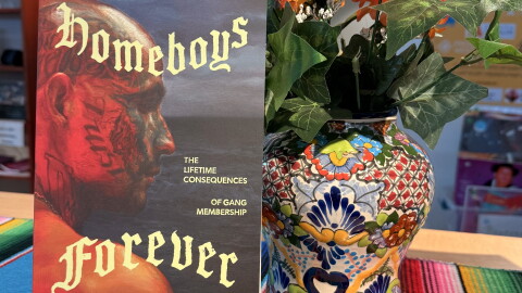 "Homeboys Forever" by author Avelardo Valdez on display at San Antonio's Guadalupe Latino Bookstore.