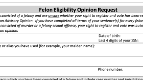 Screenshot of top of form that individuals with felony convictions in Florida can complete and send to the state’s Division of Elections to verify voting eligibility.