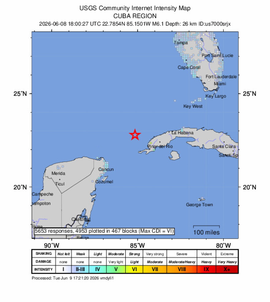 A USGS intensity map shows the location of a magnitude 6.1 earthquake, marked by a red star, in the waters northwest of Cuba on June 8, 2026. Southern Florida is visible in the upper right. A color-coded scale indicates a maximum intensity of VI, rated "Strong."