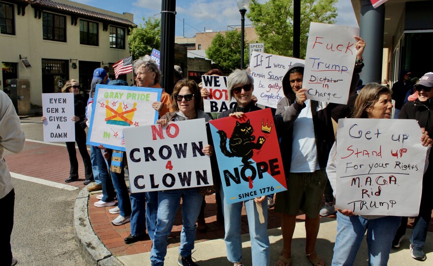 A group of protestors standing on the corner of Princess and 3rd street during the No Kings protest.