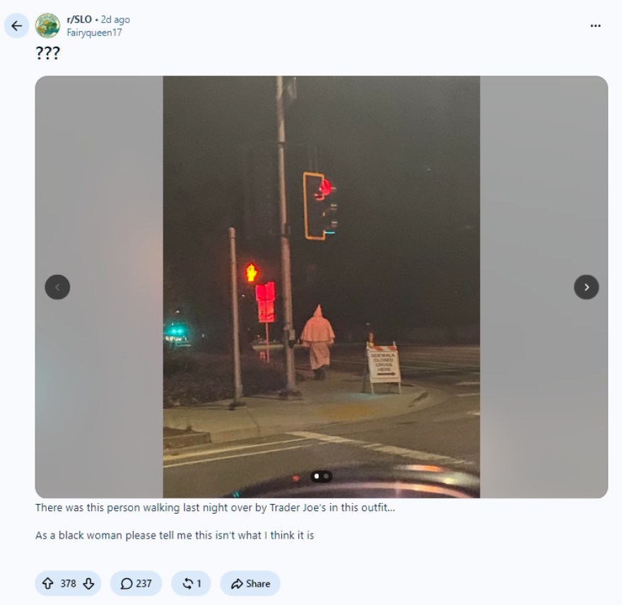 A screen shot of Reddit user Fairyqueen17’s post, showing a man in what appears to be Ku Klux Klan robes near the San Luis Obispo Trader Joes.