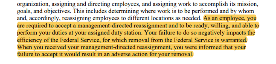 The text of a USDA memo with highlights, reading "As an employee, you are required to accept a management-directed reassignment and to be ready, willing and able to perform your duties at your assigned duty station. Your failure to do so negatively impacts the efficiency of the Federal Service, for which removal from the Federal Service is warranted."