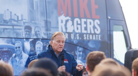 Republican U.S. Senate nominee Mike Rogers speaks in Lansing Township, Mich., on Oct. 24, 2026, during a stop on his "We Have a State to Save" bus tour.