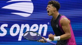 Ben Shelton, of the United States, reacts during a match against Frances Tiafoe, of the United States, during the quarterfinals of the U.S. Open tennis championships, Wednesday, Sept. 6, 2023, in New York. (AP Photo/Charles Krupa)