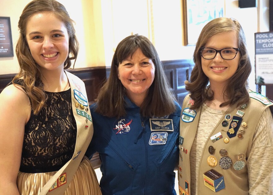 Catherine "Cady" Coleman (center), who spent about six months aboard the International Space Station during her NASA career, traveled to St. Louis last month to help celebrate two Missouri Girl Scouts, Molly Frei (at left) and Lilly Orskog, who are doing big things in their local communities.
