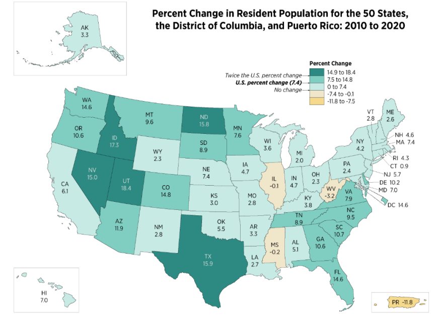 Census map showing population changes from 2010 to 2020.