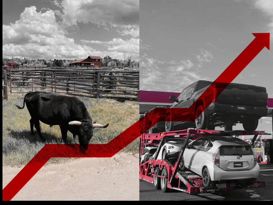 A red line goes up, crossing over a picture of cattle grazing and cars on a big rig truck